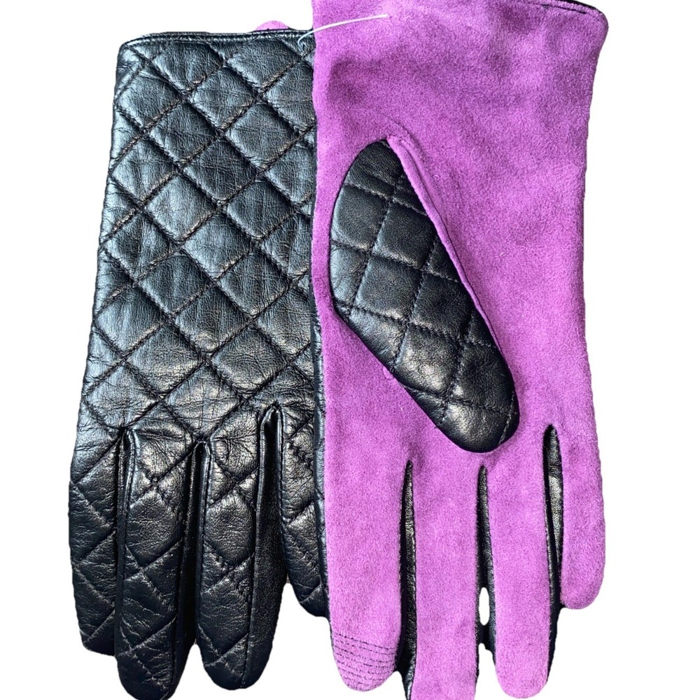 Suede Quilted Black Purple Leather Gloves Womens Size Medium Classy